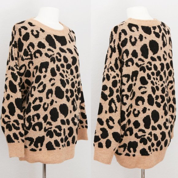 Camel Beige Leopard Crewneck Oversize Cozy Sweater - Picture 6 of 8